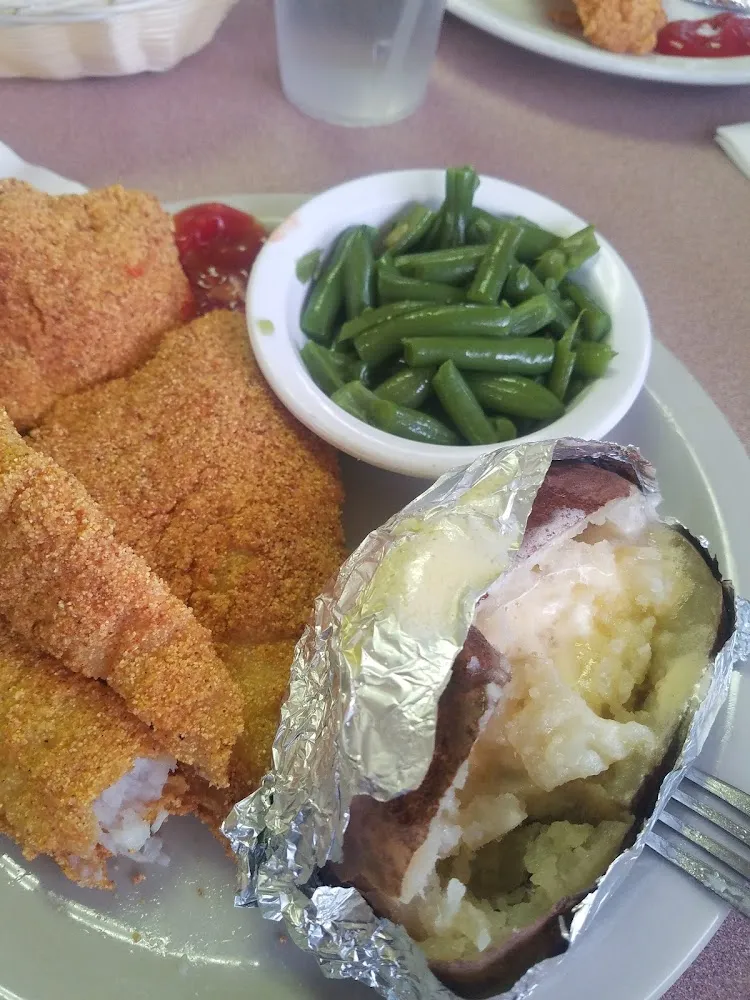 Baked Potato Green Beans and Two Huge Fried Catfish Fillets